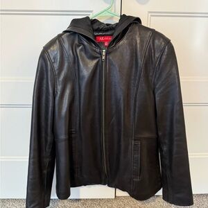 Anne Klein Black Hooded Leather Bomber Jacket